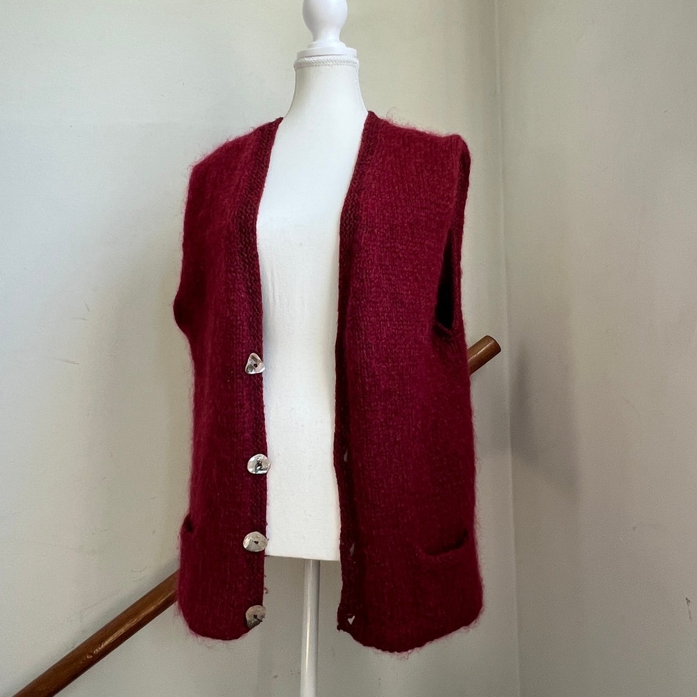 Vintage Burgundy Wool Cardigan Sweater Vest Luxury Knit Shell Buttons Modernist - Picture 3 of 10